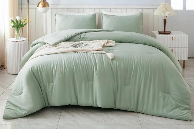 Amazon Litanika King Size Comforter Set Sage Green, 3 части Boho Bed Леко спално бельо Комплекти спално бельо, All Season Fluffy Down Alternative Comfort Bed Set Quilt Blade